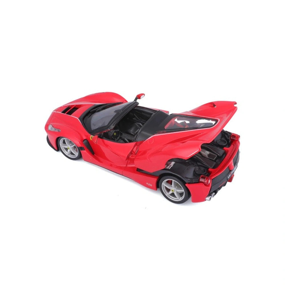 BBurago Ferrari La Ferrari Aperta 1:24 model, glossy red body with black convertible top and tinted windows, front view.