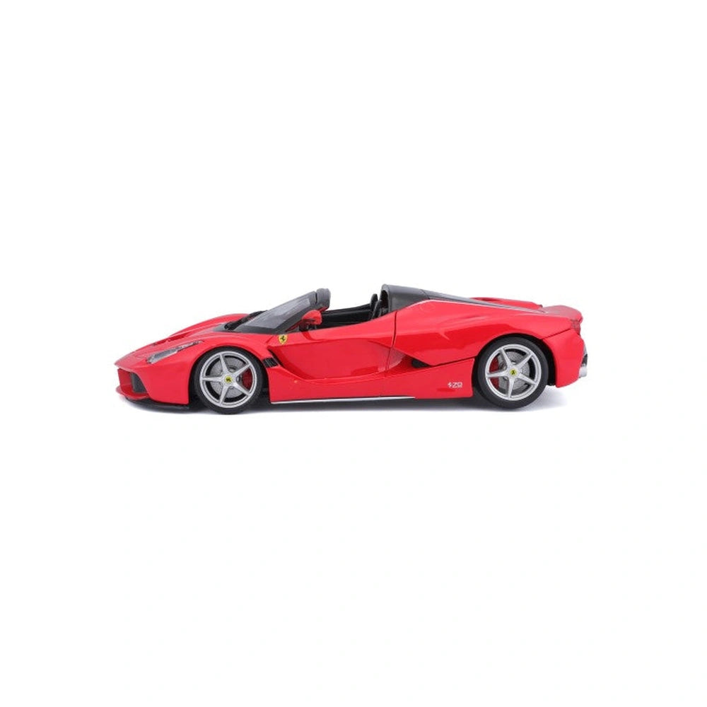 BBurago Ferrari La Ferrari Aperta 1:24 in glossy red with tinted windows, silver hubcaps, and convertible roof, showcasing de