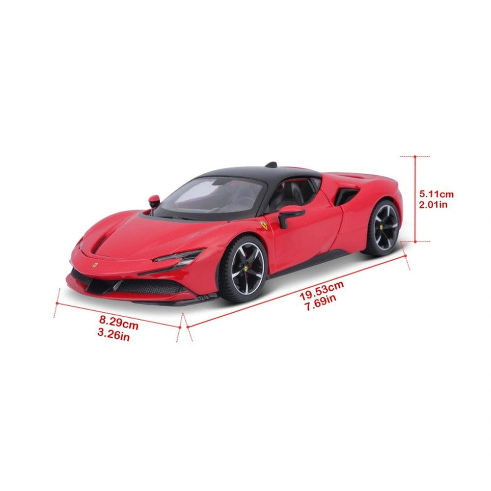 Ferrari SF90 Stradale 1:24 die-cast model in glossy red with black roof, matte wheels, and visible interior details.