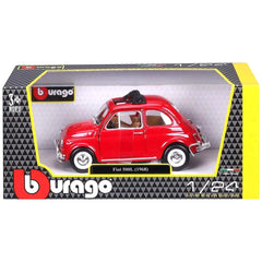 BBurago Fiat 500L 1968 die-cast toy car in red with black roof, displayed in a glossy cardboard box featuring branding and sc
