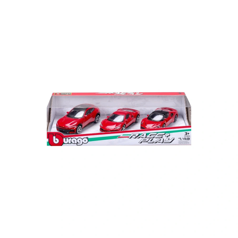 BBurago Race Play Ferrari 3 Car Gift Pack features three red die-cast vehicles in a clear plastic window, set against a white