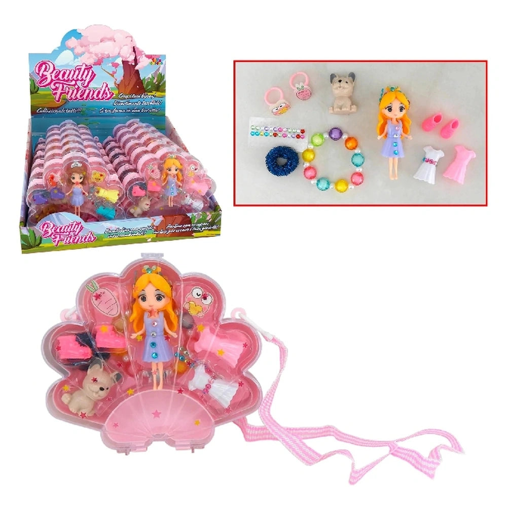 Beauty Friends Mini Doll Collection Case features colorful dolls and accessories arranged playfully on a white surface.