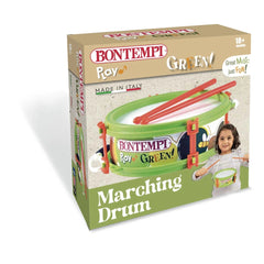 Bontempi Marching Drum Play Green packaging features a green drum with red accents, two red drumsticks, and a child holding t