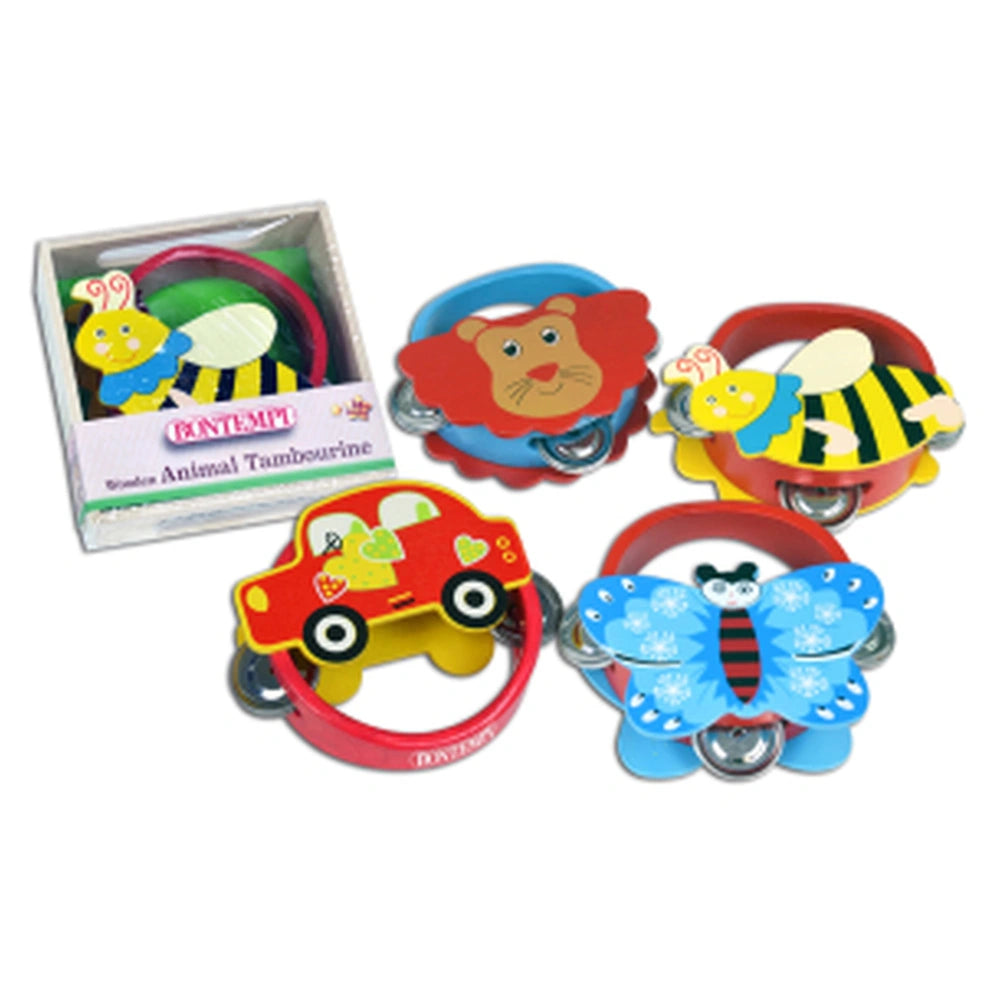 Bontempi Marching Drum Play in red and yellow plastic with a glossy finish, featuring toys and "ANIMAL TUMBOURINE" text.