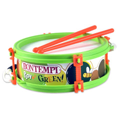 Bontempi marching drum in green plastic with red handles, sticks, and "BONTEMPI PLAY GREEN!" text featuring a yellow bee.