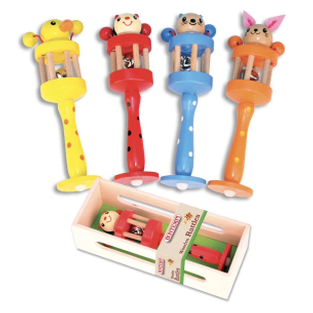 Bontempi Mini Trumpet in green packaging features four colorful plastic toys with unique faces and designs, ideal for musical