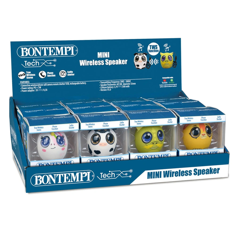Bontempi Mini Wireless Speakers packaging features six colorful character images, white text on a blue background, and a tran