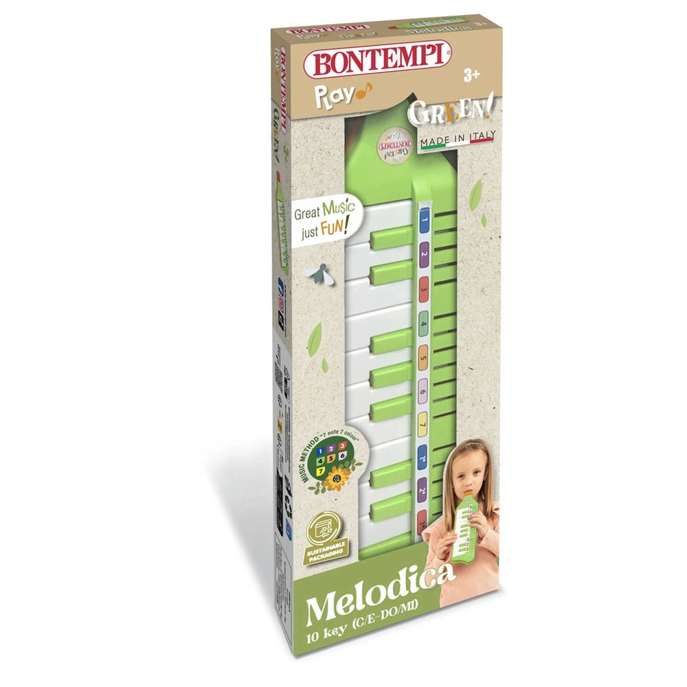 Bontempi mouth piano in green and white packaging with playful design, featuring a child holding the colorful musical keyboar
