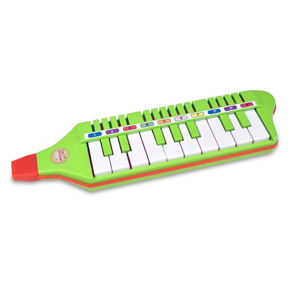 Bontempi Mouthpiano in green with 26 white keys featuring colorful markings and a distinctive red tip.