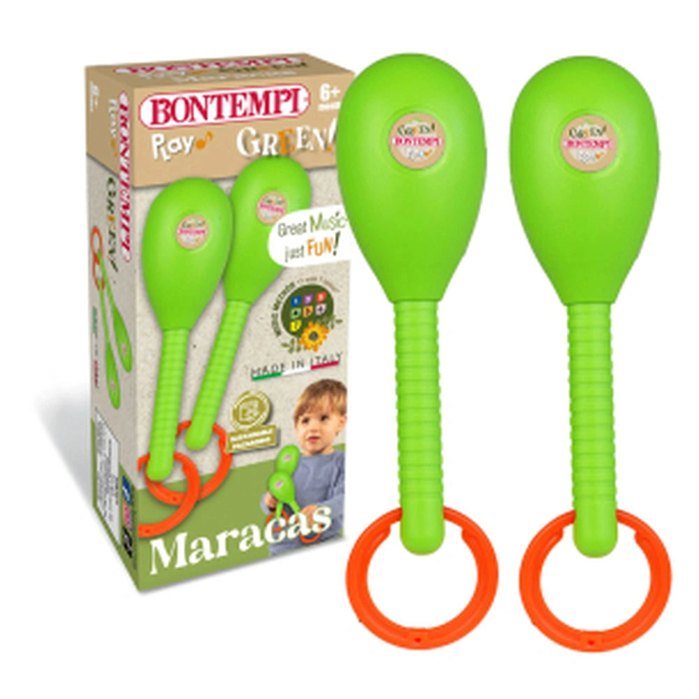 Bontempi Wooden Maracas in green plastic visible through clear window on white cardboard packaging with red and black text.