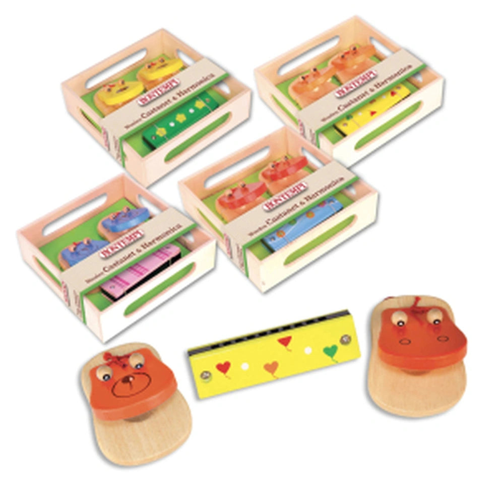 Bontempi wooden maracas in orange with red hearts, displayed in white cardboard packaging on a yellow surface.