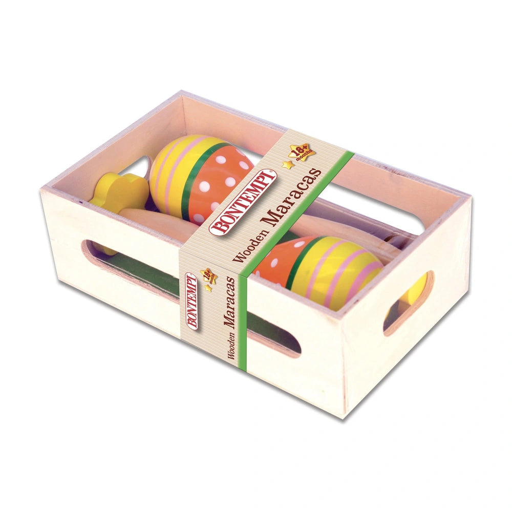 Bontempi Wooden Maracas packaging features a cardboard box with a plastic window, displaying colorful eggs and brand details.