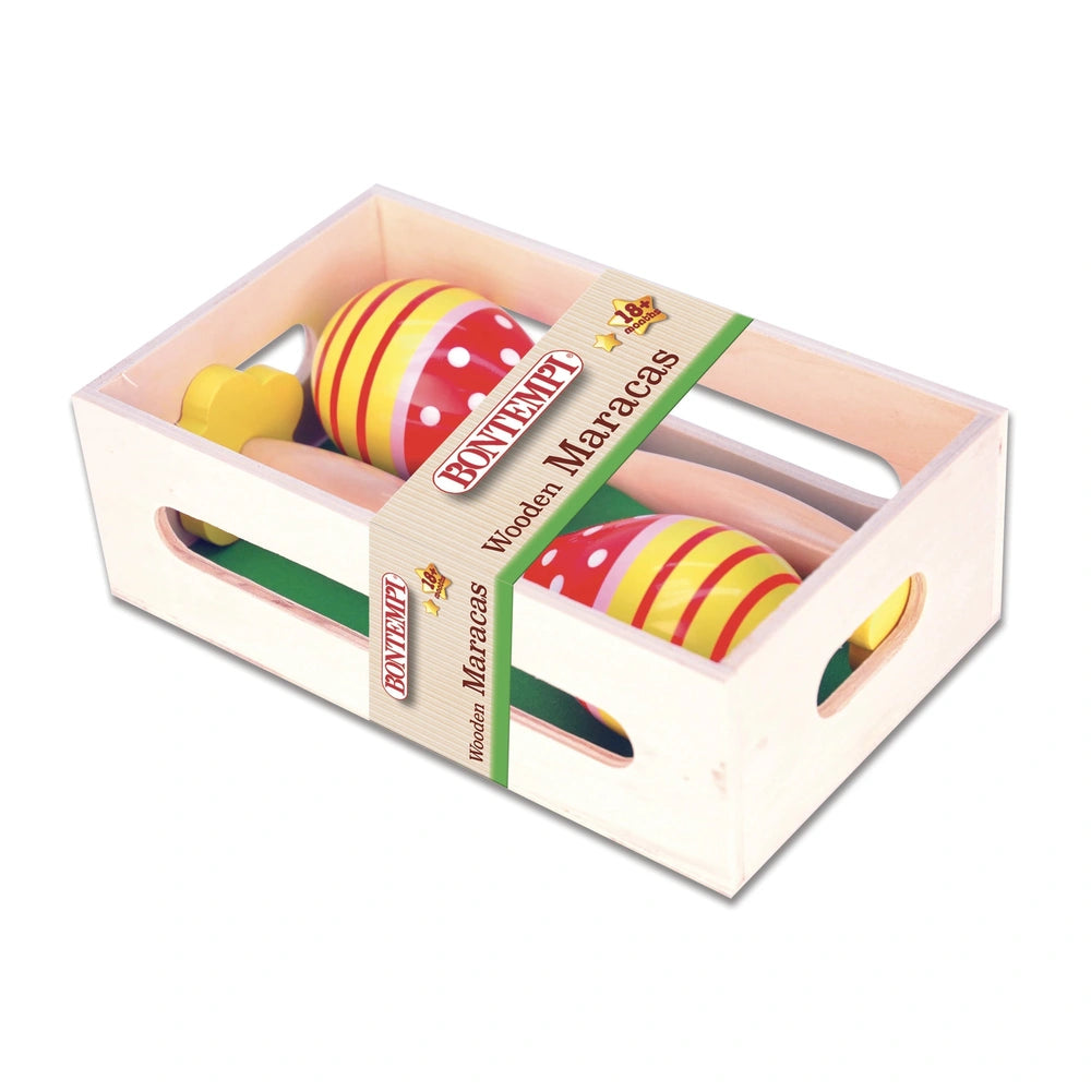 Bontempi wooden maracas in retail packaging featuring red, yellow, green, and white striped Easter eggs.