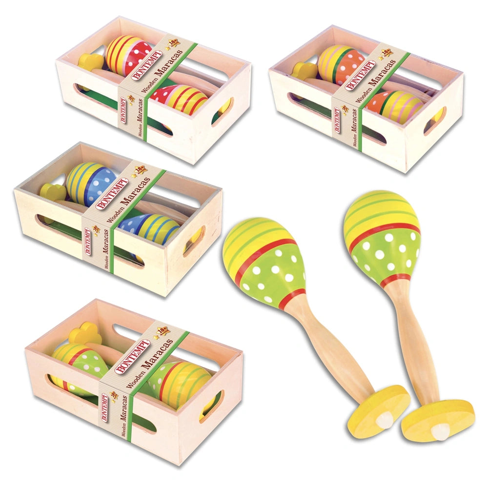 Bontempi wooden maracas in white boxes with green and red accents, featuring six yellow and green polka dot toys inside.
