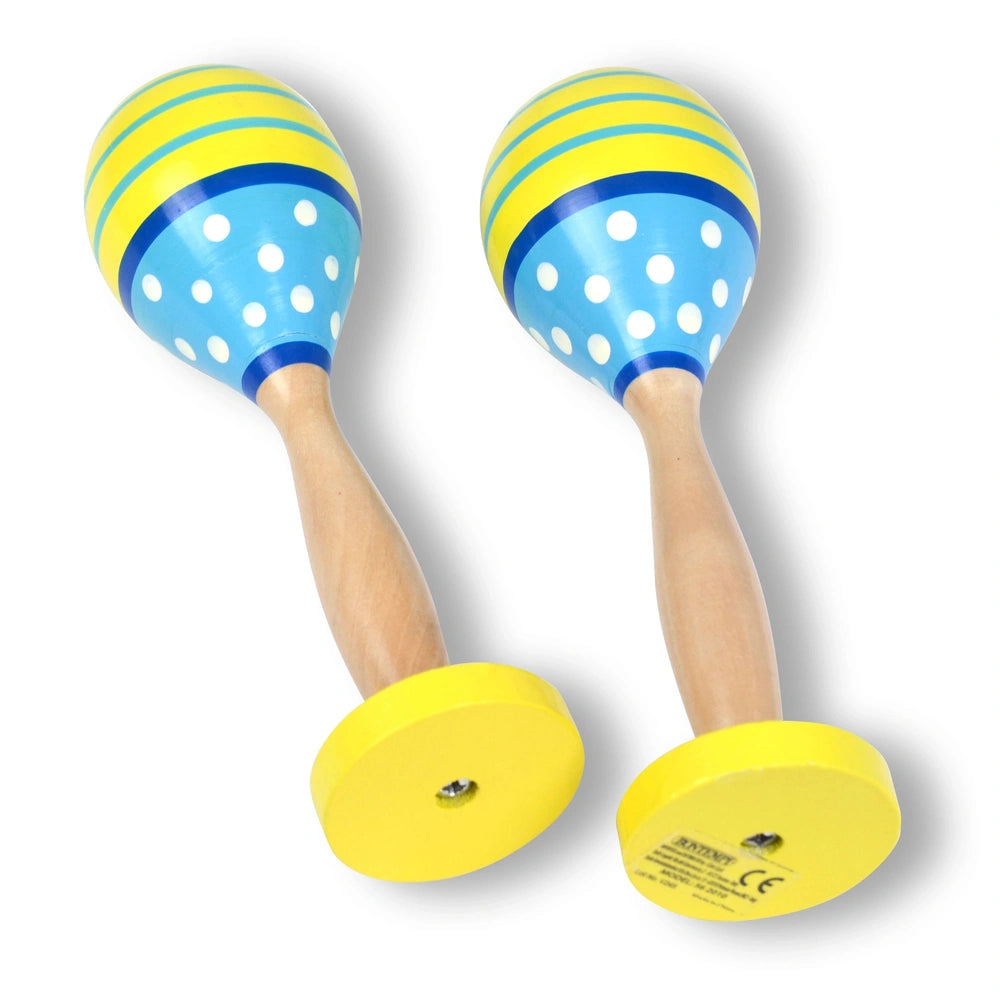 Bontempi wooden maracas in smooth yellow and blue finish, displayed front and center with two pieces visible.