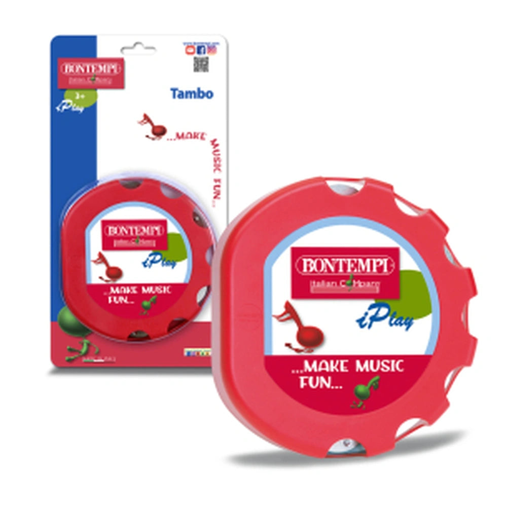 Bontempi wooden maracas in retail packaging featuring red cardboard, transparent window, and colorful labels promoting Italia
