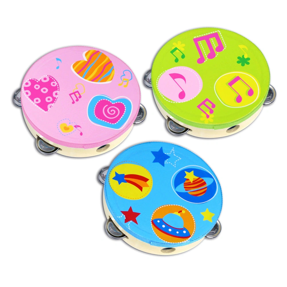 Bontempi wooden tambourine featuring a smooth surface with colorful graphics of musical notes, stars, and hearts.