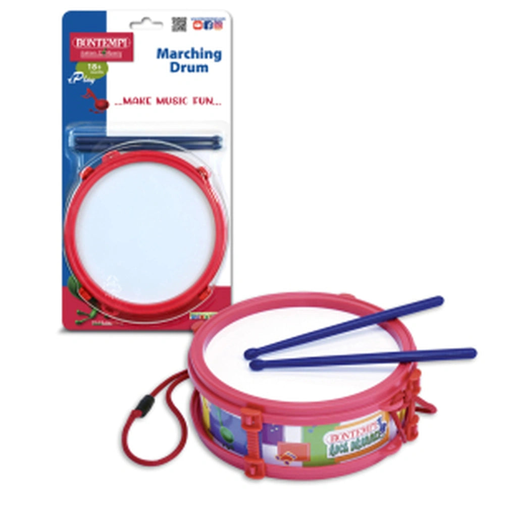 Bontempi wooden tambourine with red body, white center, blue drumsticks, in colorful cardboard packaging with a clear window.
