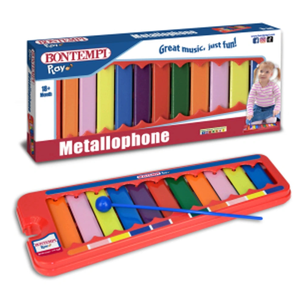 Bontempi Wooden Tambourine with 16 colorful musical notes and blue stick in red and blue cardboard packaging, suitable for ag