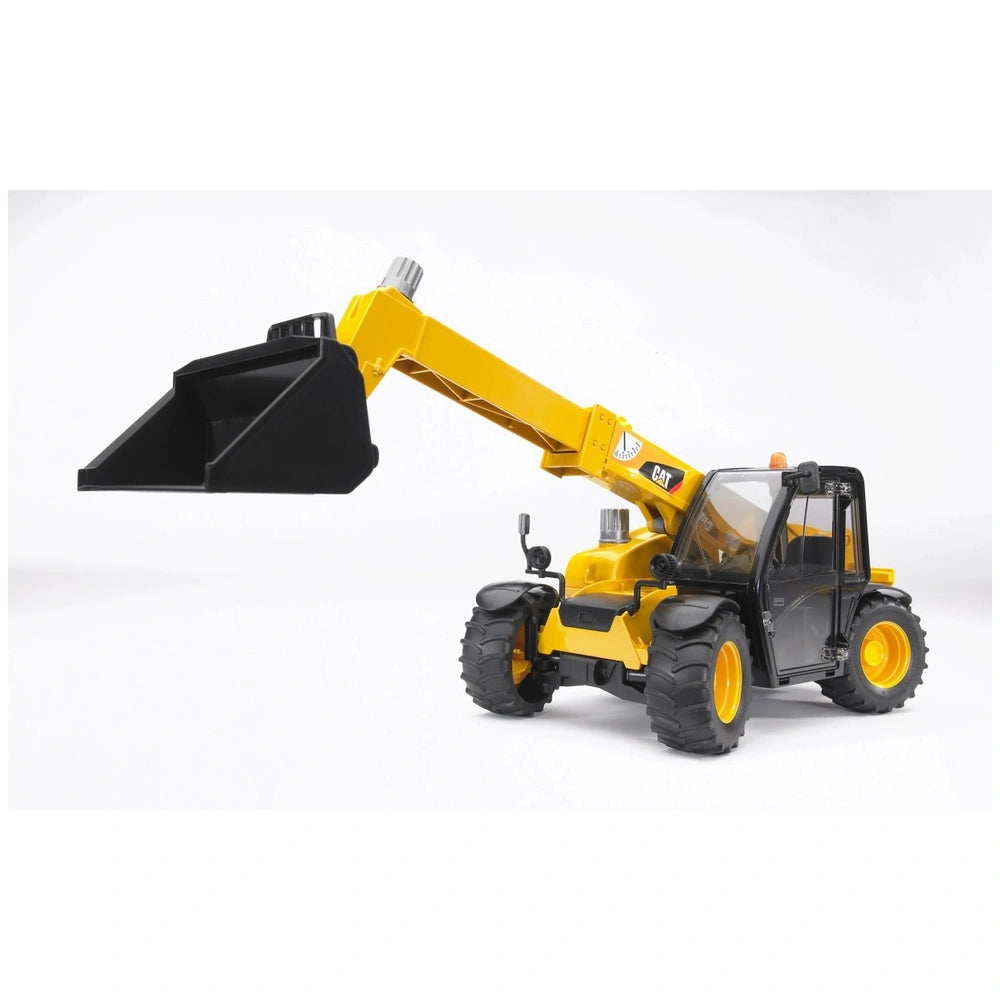 Yellow Bruder CAT Telehandler toy with extendable arm and black scoop, featuring realistic detailing and four-wheel steering.