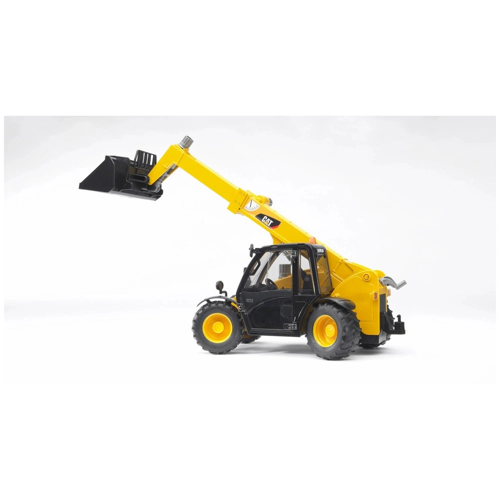 Yellow Bruder CAT Telehandler toy with adjustable arm and functional wheels, set against a white background.