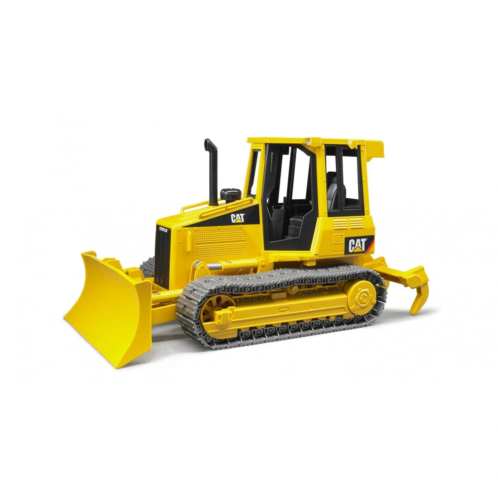 Yellow Bruder CAT Track-Type Tractor toy with movable blade and tracks, featuring realistic construction vehicle details.
