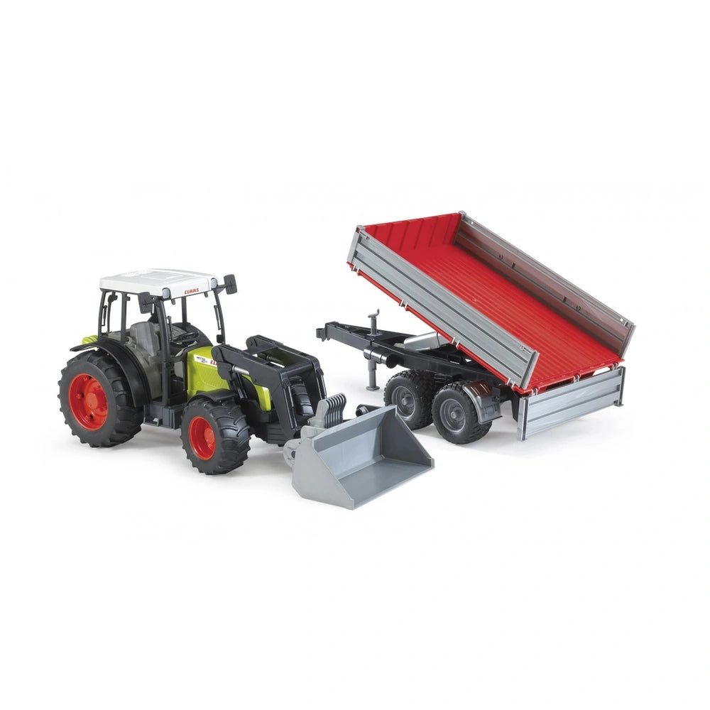 Claas Nectis 267 F tractor with red-tipped trailer and front loader, detailed play vehicle from Bruder, 1:16 scale.