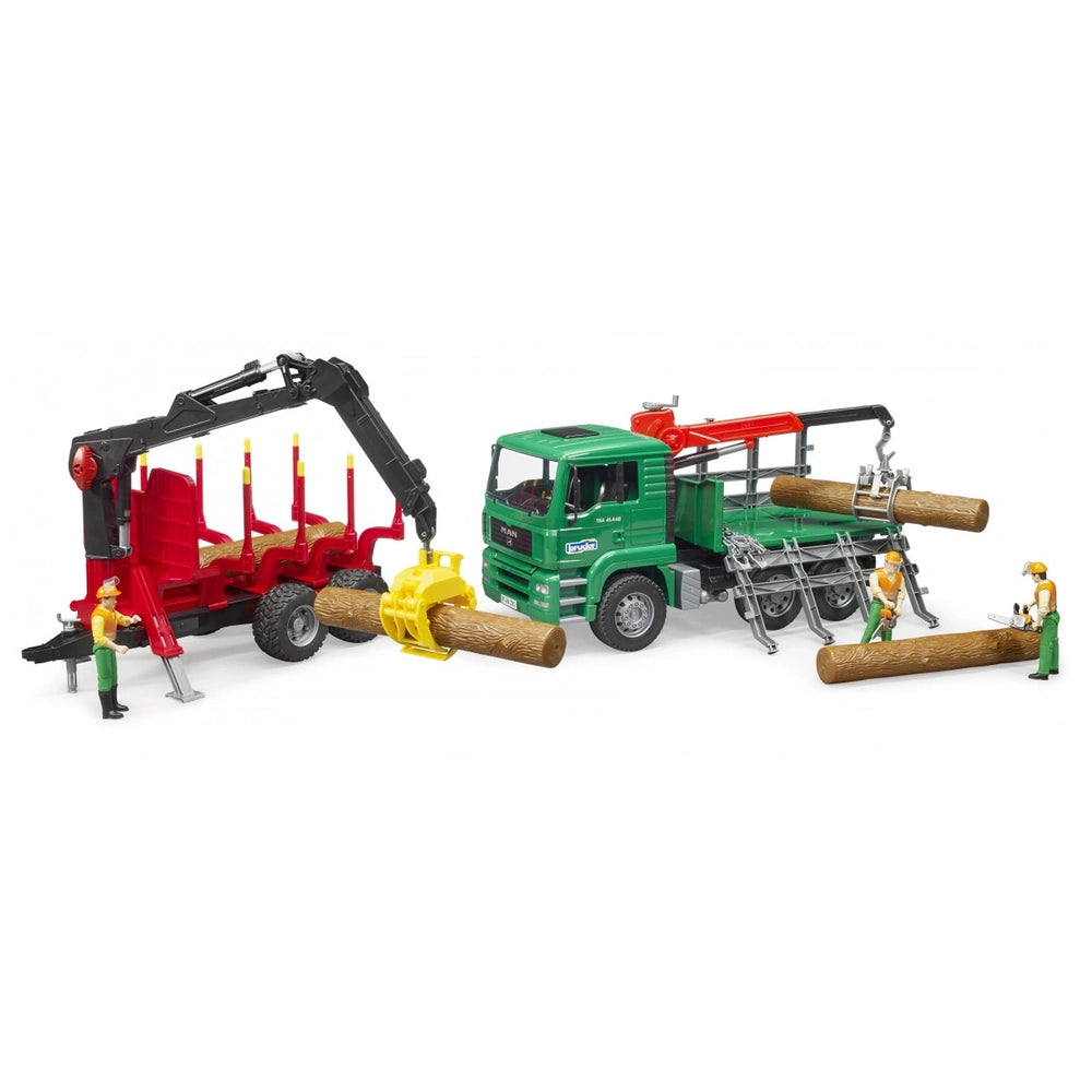 Bruder forestry trailer with crane and workers loading lifelike logs, connected to a green truck.