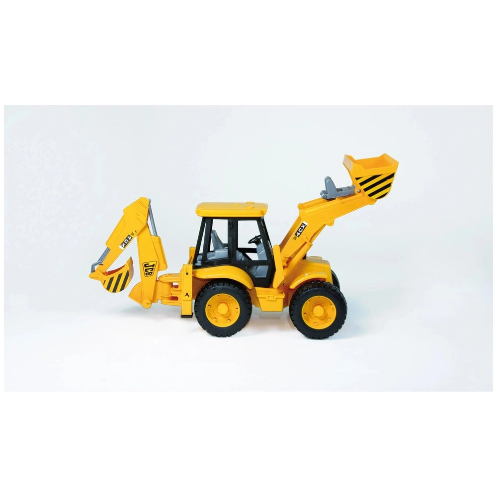 Yellow Bruder JCB 4CX backhoe loader toy with functional front loader and backhoe, on a white background.