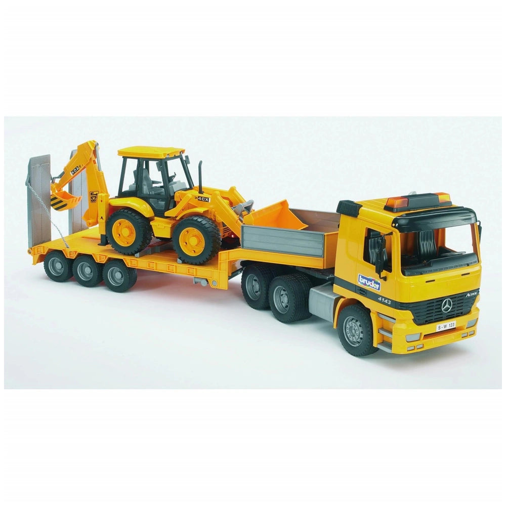 Yellow Bruder JCB 4CX Backhoe Loader toy on a truck trailer, showcasing realistic construction features.