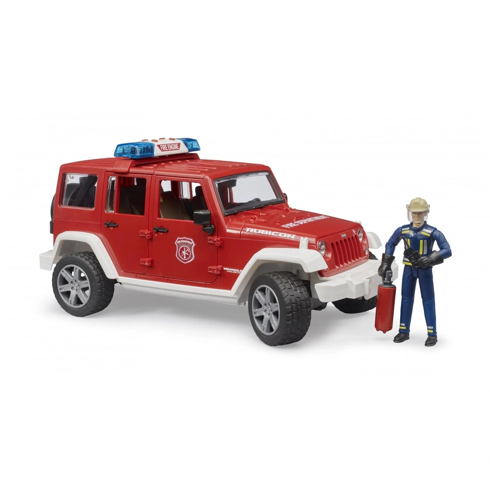 Red Jeep Wrangler Rubicon toy with fire department livery and firefighter figure holding an extinguisher.