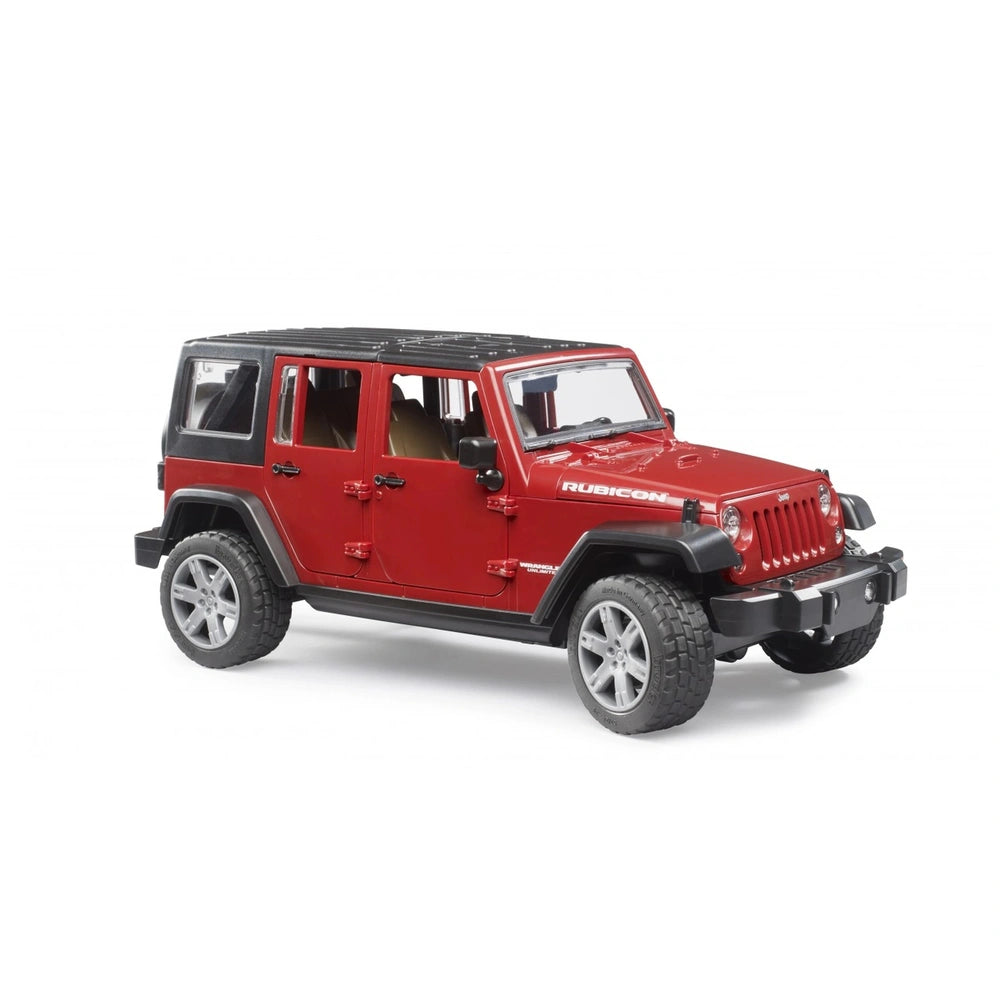 Red Bruder Jeep Wrangler Unlimited Rubicon toy vehicle with detailed design, off-road tires, and black roof.