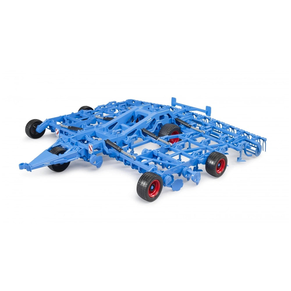 Blue Bruder LEMKEN Cultivator Koralin 9 model with red wheels, featuring detailed agricultural parts and a realistic design.