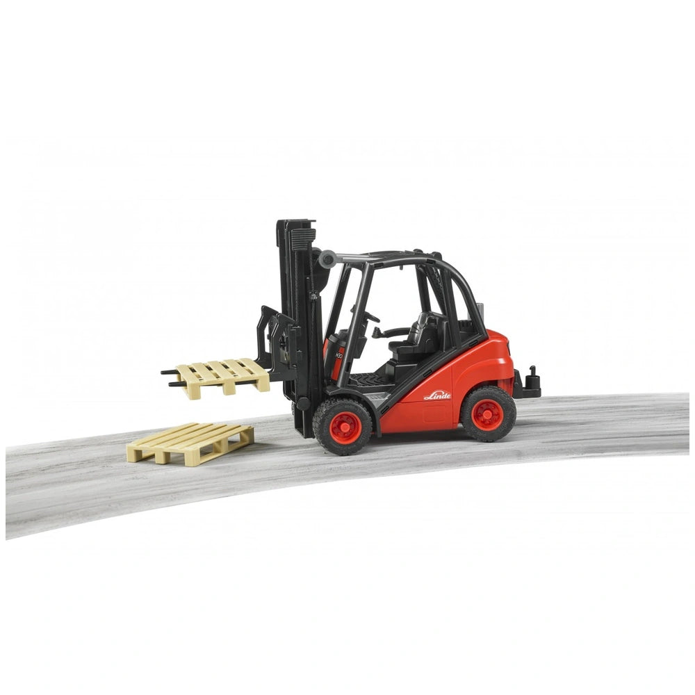Red Bruder Linde H30D forklift lifting a pallet, with another pallet on the ground, showcasing realistic details.
