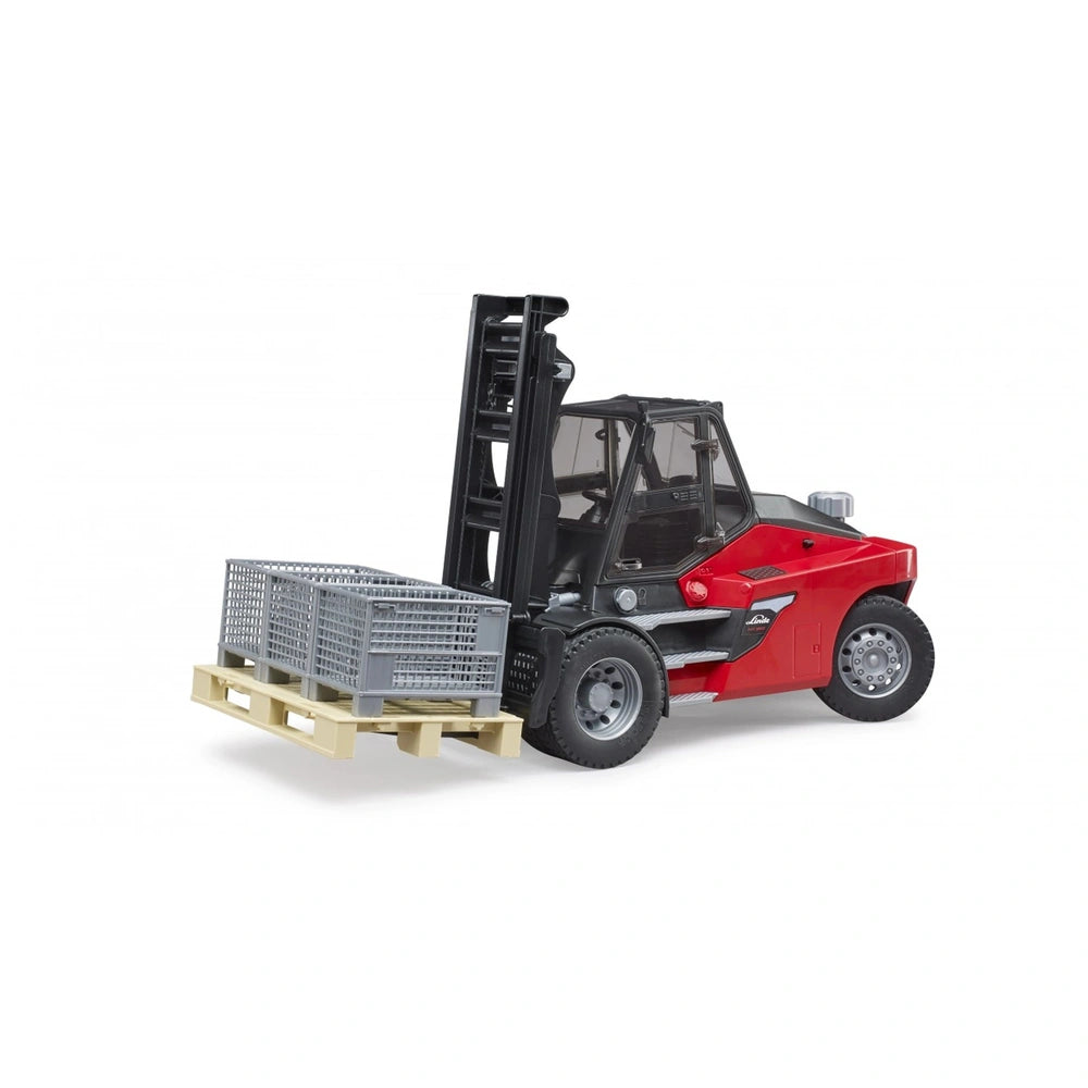 Red Bruder Linde HT160D stacker toy lifting pallet with three gray cages, featuring detailed cab and double-lift mast.