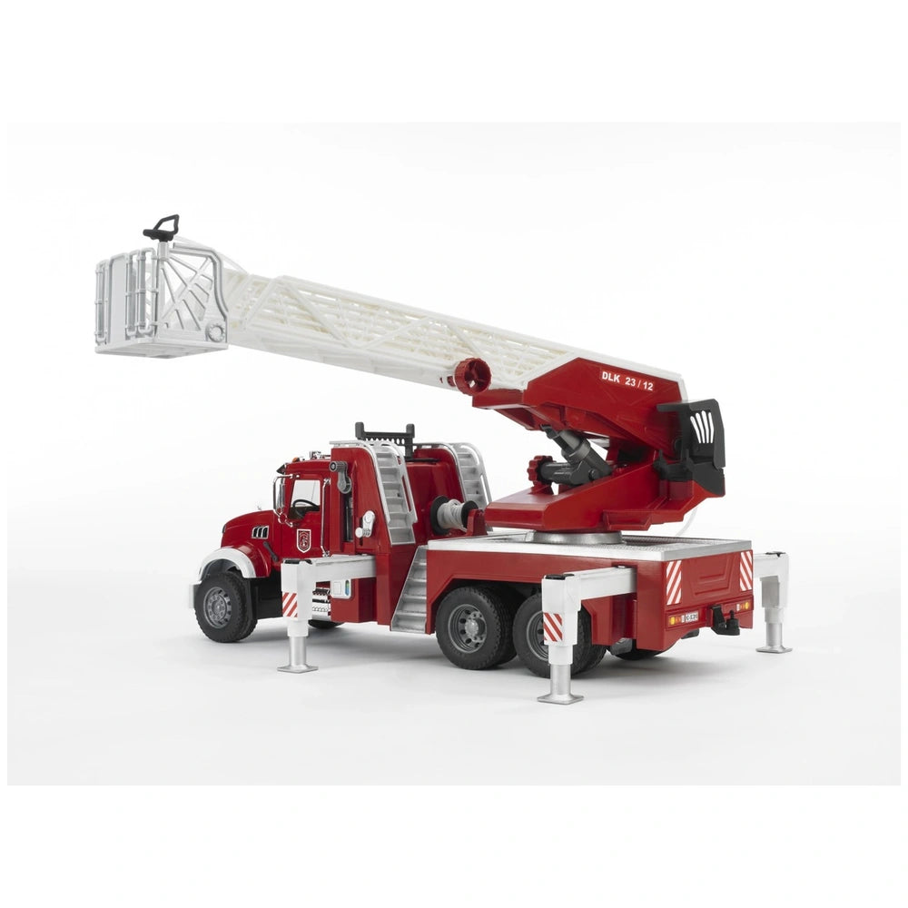Red toy fire engine with extended white ladder and stabilizers, featuring realistic details and movable parts.