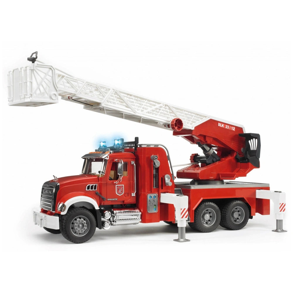 Red Bruder MACK Granite fire engine toy with extendable ladder and working lights.