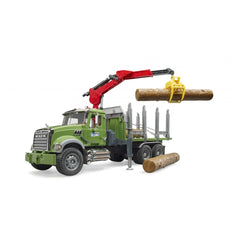 Green Bruder MACK Granite Timber Truck with red crane lifting a wooden log, showcasing realistic forestry play.