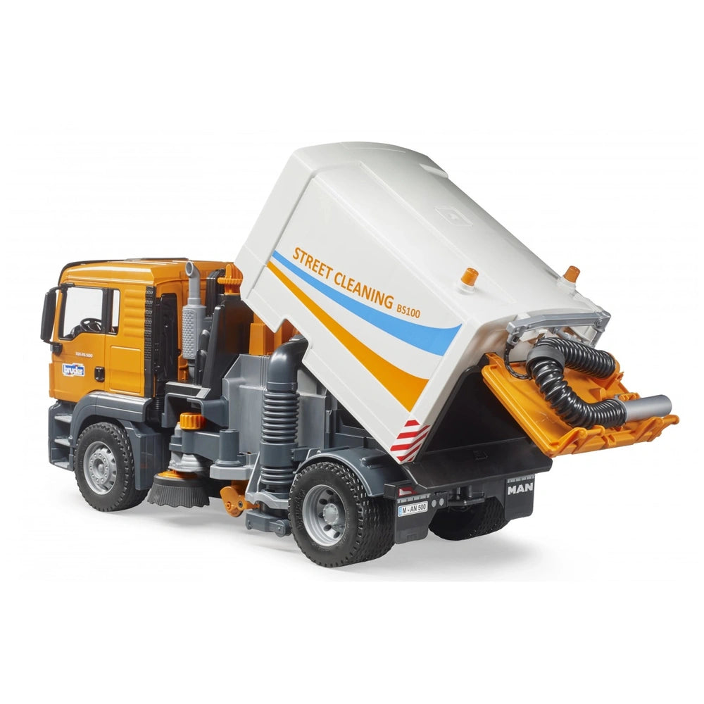 Orange and white Bruder MAN TGS street sweeper toy with functional features and detailed street cleaning equipment.