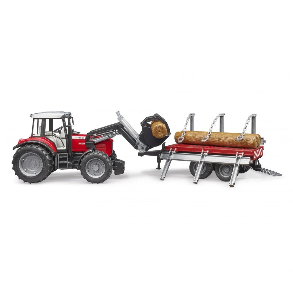 Red Massey Ferguson tractor with front loader attached to a timber trailer carrying logs.