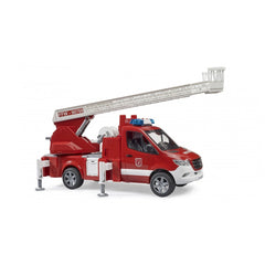 Red Bruder MB Sprinter fire engine toy with extended turntable ladder and stabilizing legs.