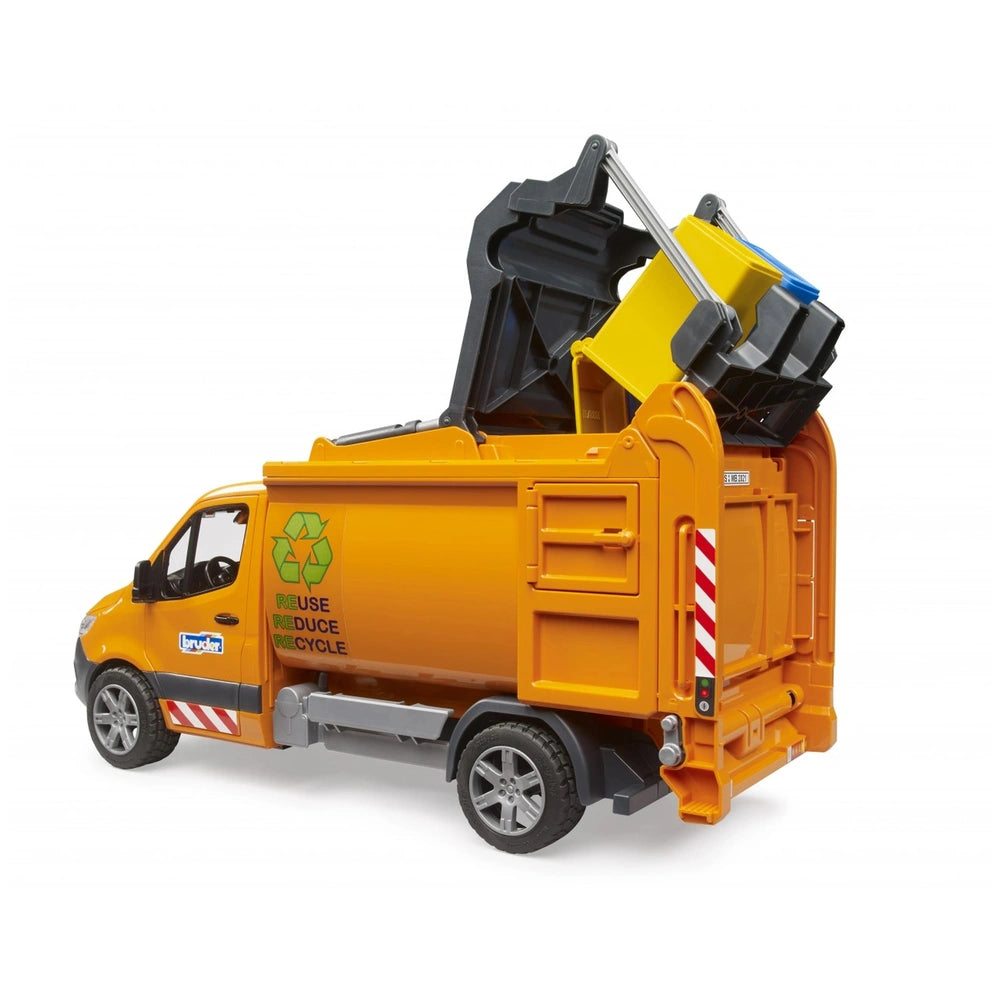 Orange Bruder MB Sprinter toy waste disposal truck with lifting bins, featuring recycling decals.