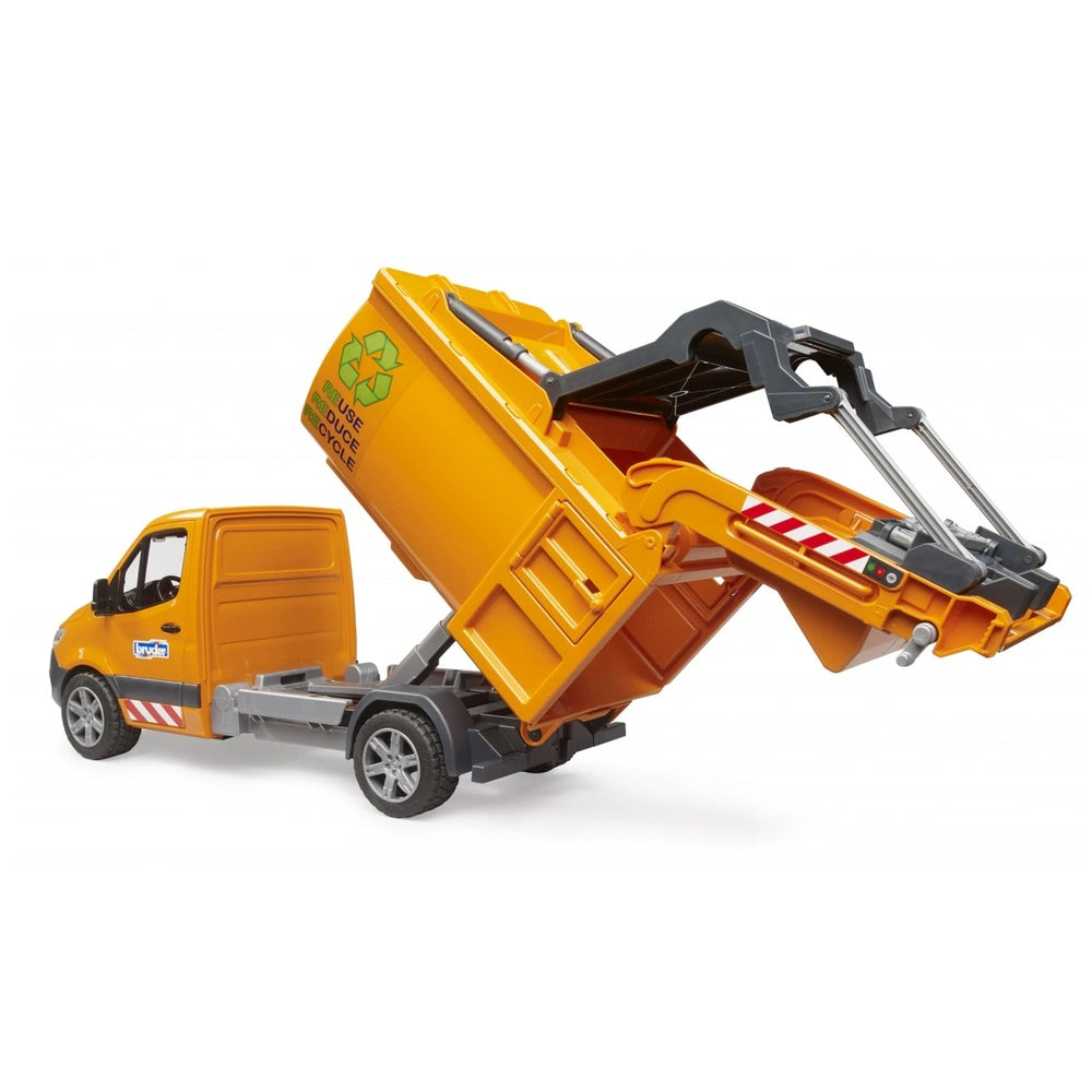 Orange Bruder MB Sprinter toy truck with lifting waste container, realistic cab details, and recycling graphic.
