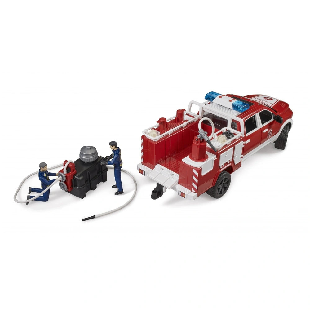 Red Bruder RAM 2500 fire engine toy with two figures operating water tank and hoses.