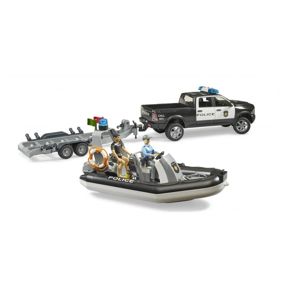 Bruder RAM 2500 Police Pickup with trailer and boat, featuring figures, in a detailed toy set.