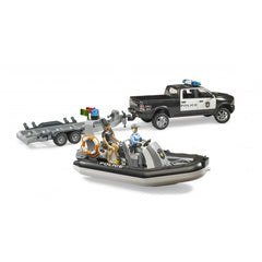 Bruder RAM 2500 Police Pickup with trailer and boat, featuring figures, in a detailed toy set.