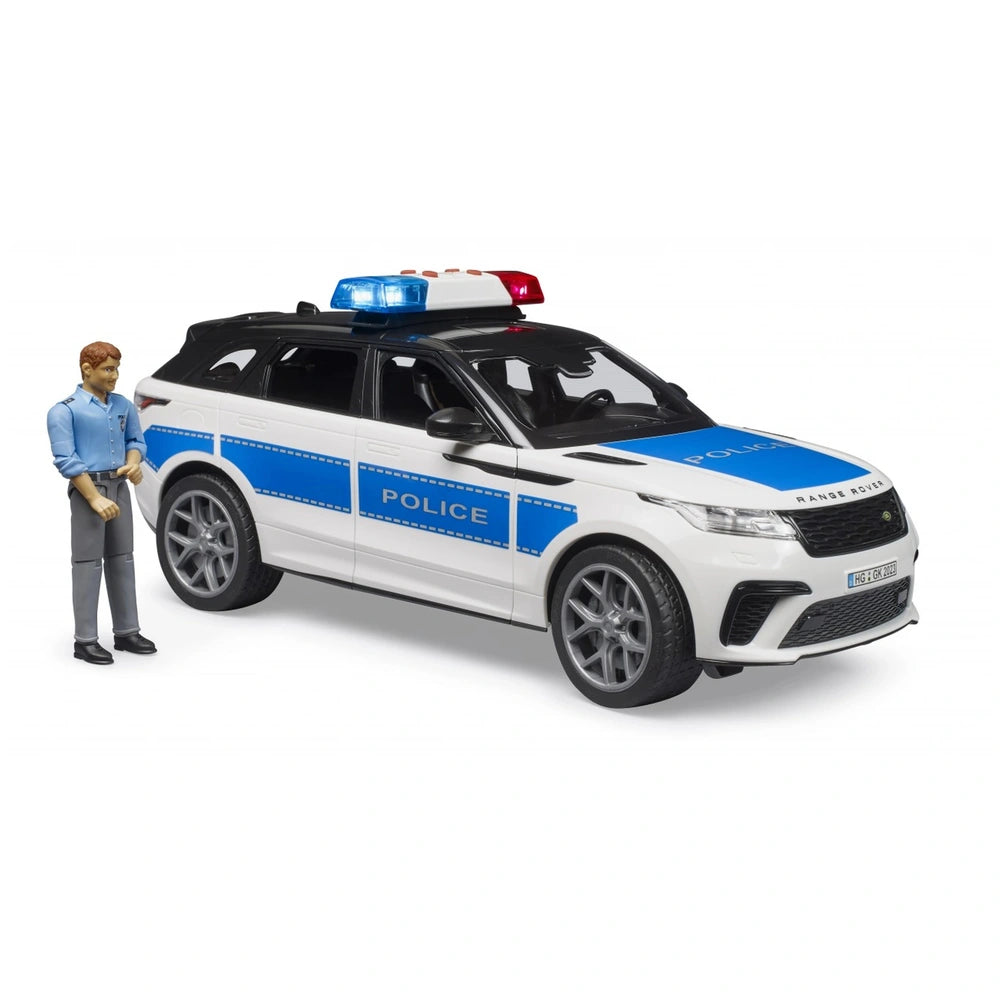 White and blue Range Rover Velar toy police car with a red and blue light bar, accompanied by a male police figure.