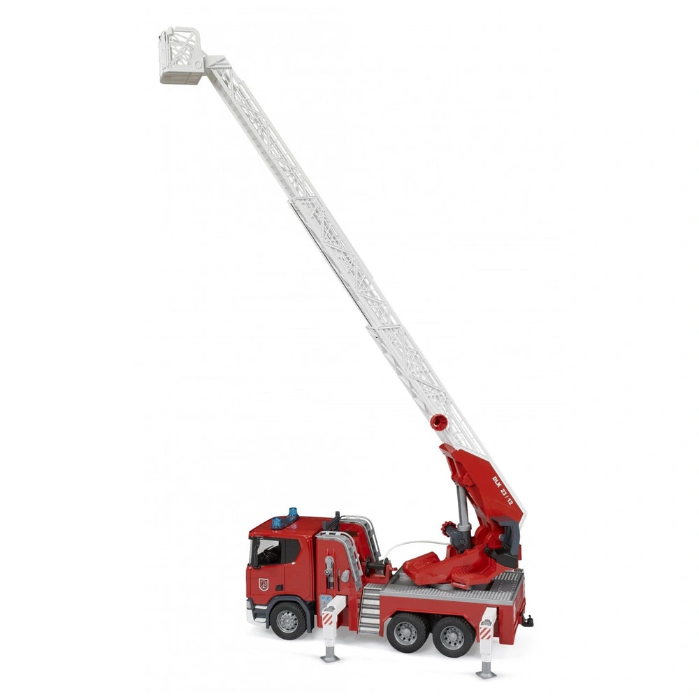 Red toy fire engine with extended white ladder, blue light on cab, and stabilizers, resembling a Scania Super 560R.