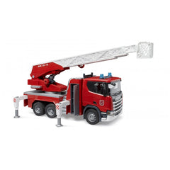 Red Scania fire engine toy with extended ladder and stabilizers deployed.