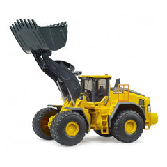 Yellow Volvo L260H wheel loader toy with raised bucket, black accent, realistic construction design, and sturdy tires.